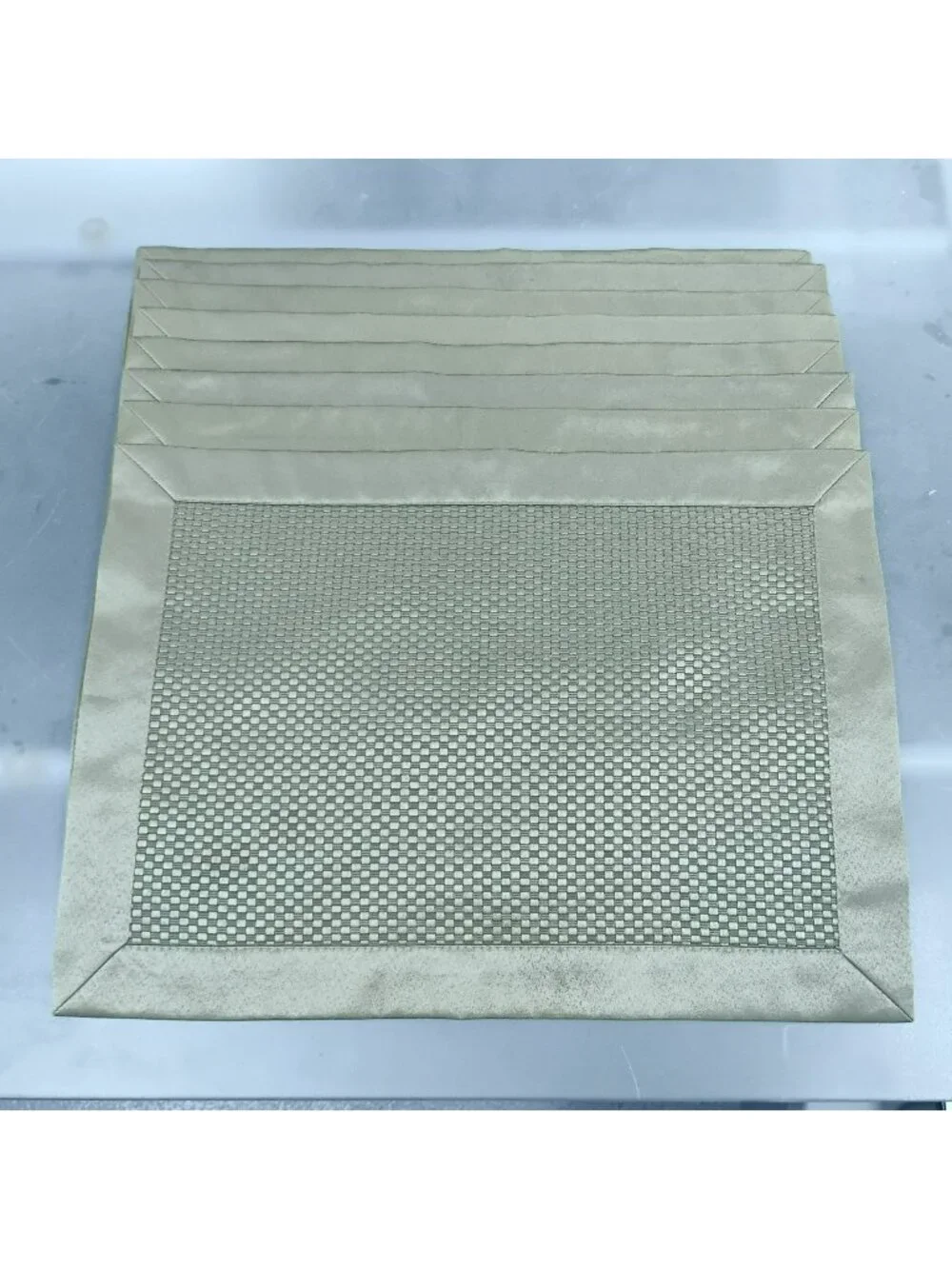 Set Of 8 Sage Green Woven Textured Placemats With Satin Border